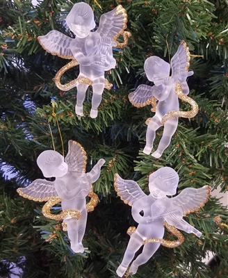 Set of 4 Gold Glittery Frosted Plastic 3-1/2" Musical Angel Christmas Ornaments