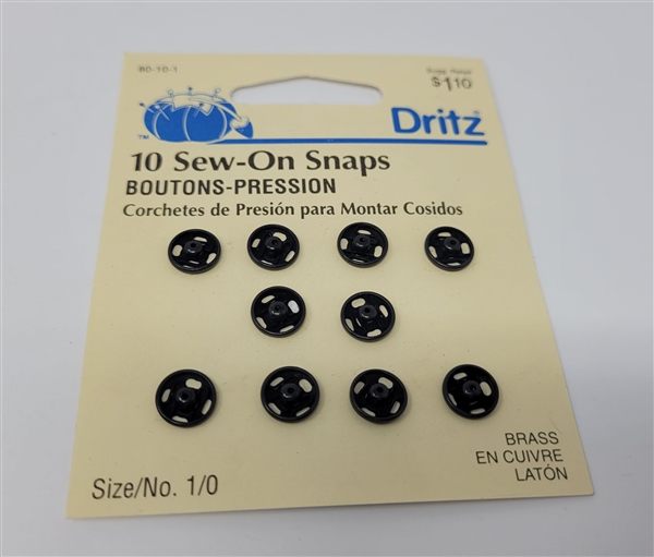 Dritz Sew-On Snaps, Black, Size/No. 1/0, 10 per card