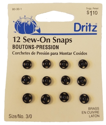 Dritz Sew-On Snaps, Size/No. 3/0, 12 per card