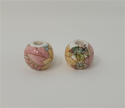 16mm Round Peach & Pink Floral Ceramic Beads, 4 ct