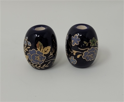 20mm Oval Black, Blue & Gold Floral Painted Ceramic Beads, 4 ct