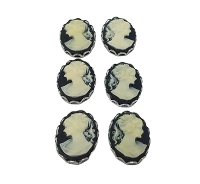 13mm x 18mm Resin Victorian Lady Cameos with Silver Lace Filigree Settings, Pack of 6