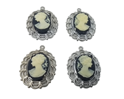 13mm x 18mm Resin Victorian Lady Cameos with Silver Lace Filigree Oval Frame Settings, Pack of 4