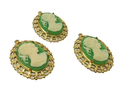 18mm x 25mm Resin Victorian Lady Cameos with Gold Lace Filigree Oval Frame Settings, Pack of 3