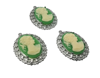 18mm x 25mm Resin Victorian Lady Cameos with Silver Lace Filigree Oval Frame Settings, Pack of 3