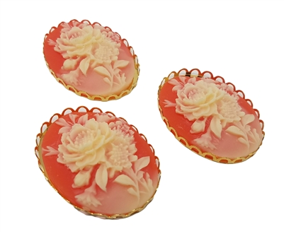 30mm x 40mm Resin Rose Flower Cameos with Gold Lace Filigree Settings, Pack of 3