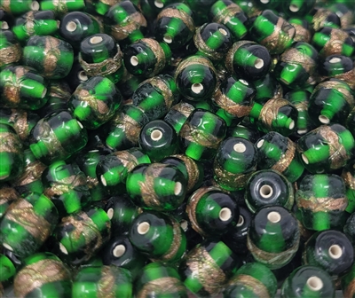10mm Barrel Emerald Green & Bronze Glass Beads, 8 ct Bag