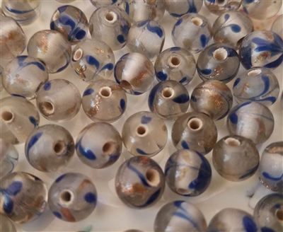 8mm Round Clear with Blue & Gold Leaf Design Glass Beads, 8ct Bag - glass beads for jewelry making, beading, crafts