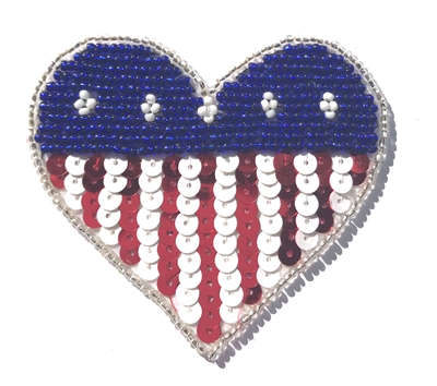 American USA Heart Beaded Sequined Sew-On Applique