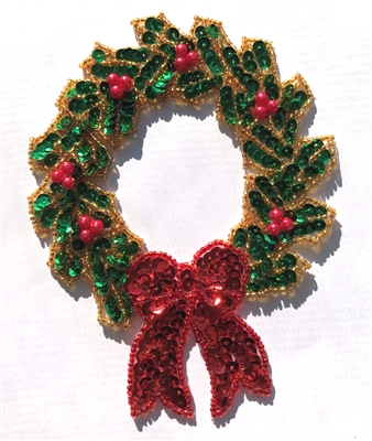 Christmas Wreath Beaded Sequined Sew-On Applique