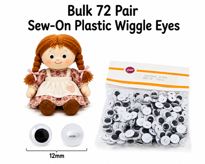 Zim's 12mm sew-on moving wiggle googly plastic eyes bulk pack of 72 pair, shank back, for amigurumi and crafts