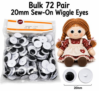Zim's 20mm sew-on moving wiggle googly plastic eyes bulk pack of 72 pair, shank back, for amigurumi