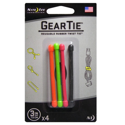 Nite-Ize GT3-4PK-A1 Gear Tie 3"-Asst. O,G,R,Blk  4-pk