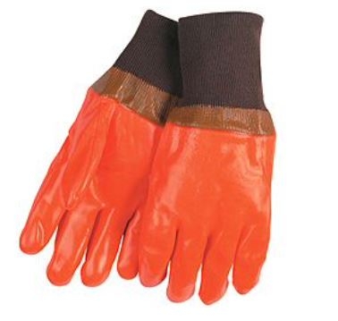 MCR 6702F Double Dipped Foam Lined PVC Glove - Fluorescent Orange With Brown Knit Wrist