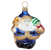 German Blown Glass Blue & Gold Glitter Plump Santa