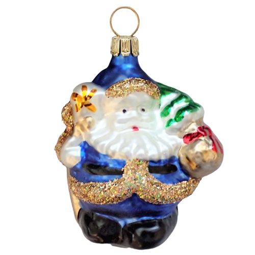 German Blown Glass Blue & Gold Glitter Plump Santa