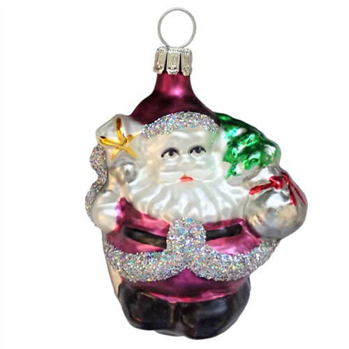 German Blown Glass Purple & Silver Glitter Plump Santa