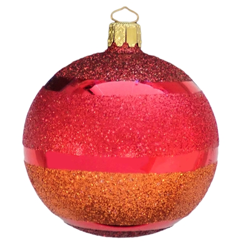 8cm German Blown Glass Magenta & Orange Glitter & Glamour Bauble