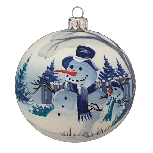 10cm Handpainted, Blown Glass Ball With Snowman & Winter Scene