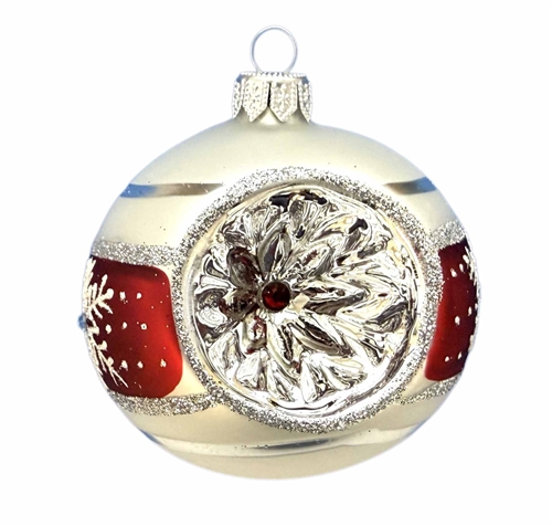 8cm Icy Star w/ Bordeaux Band Blown Glass Reflector Ball