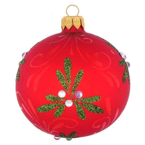 6cm Red Satin Mistletoe & Holly Christmas Ball