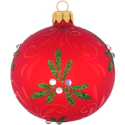 8cm Red Satin Mistletoe & Holly Christmas Ball