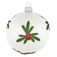 6cm White Satin Mistletoe & Holly Christmas Ball
