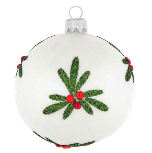 8cm White Satin Mistletoe & Holly Christmas Ball