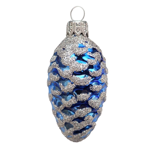 European Med. Blue Pine Cone With Silver Glitter