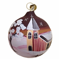 5cm German Handpainted Ball With Church, Cabin & Winter Scene