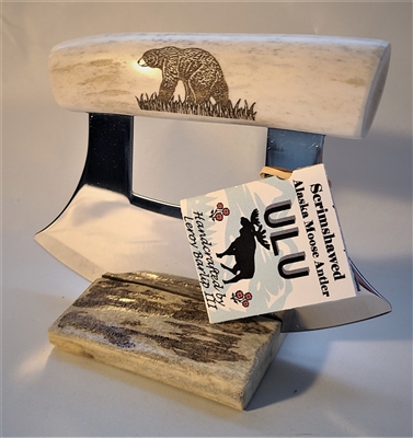 Hand Carved Scrimshaw Moose Antler Ulu #4