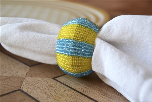 Blue and Yellow Striped Beaded Napkin Ring Set
