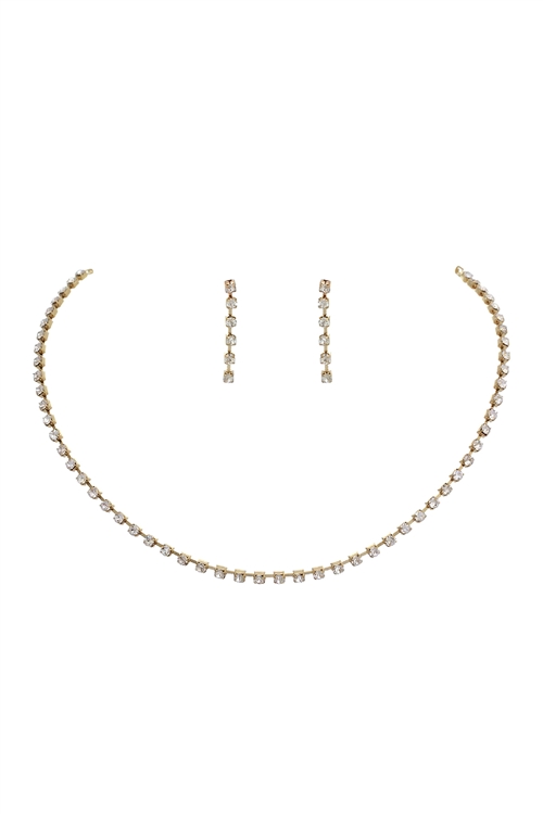 S6-6-4-10022-G -  1 LINE RHINESTONE BRIDAL NECKLACE AND EARRING SET-CRYSTAL GOLD/6PCS