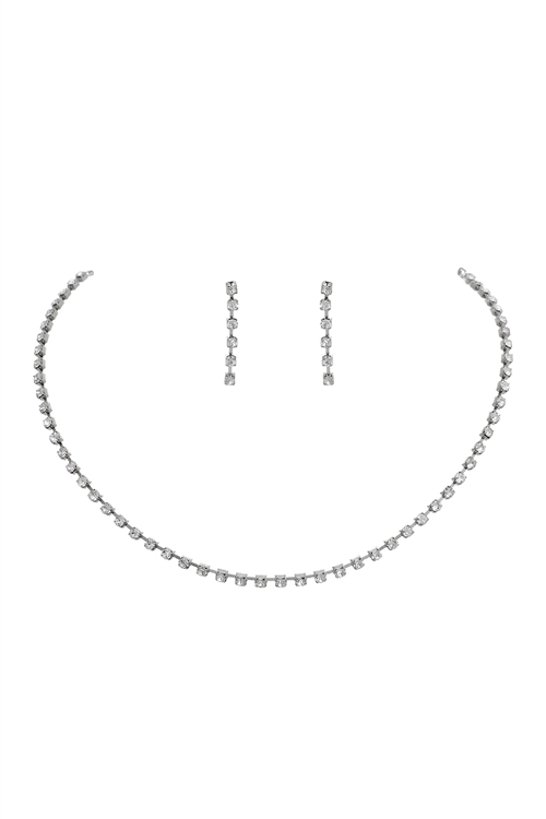 S6-6-4-10022-S - 1 LINE RHINESTONE BRIDAL NECKLACE AND EARRING SET-CRYSTAL SILVER/6PCS