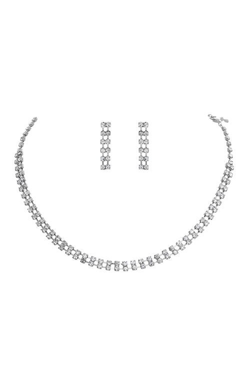 S17-10-5-10024-S - 2 LINE RHINESTONE  BRIDAL NECKLACE AND EARRING SET - SILVER/6PCS