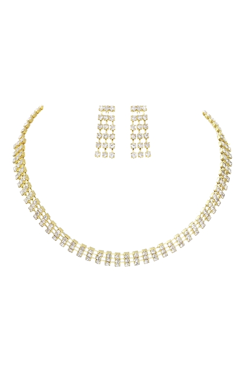 S6-6-4-10026-G - 3 LINE RHINESTONE BRIDAL NECKLACE AND EARRING SET-GOLD/6PCS