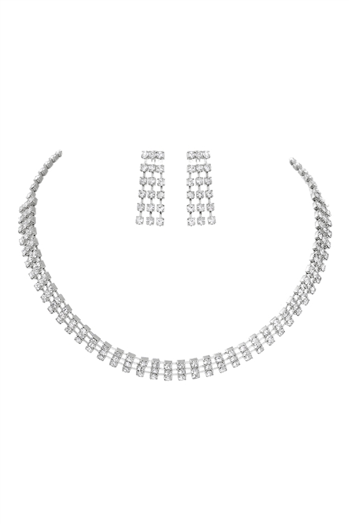 S6-6-4-10026-S - 3 LINE RHINESTONE BRIDAL NECKLACE AND EARRING SET-SILVER/6PCS