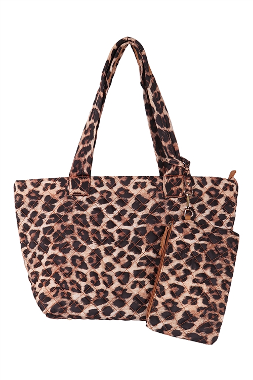 S20-12-6-10605LEOPARD -  WOMEN'S DIAMOND QUILTED FASHION TOTE BAG W/ MATCHING WALLET/1PC