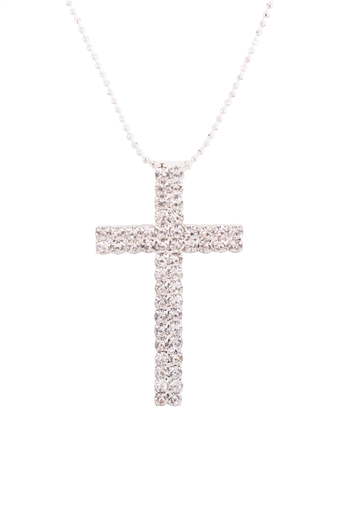 A2-3-4-11316 - SMALL CROSS  RHINESTONE BALL CHAIN  NECKLACE - CRYSTAL SILVER/6PCS