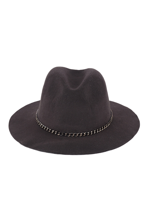 S2-4-3-13701BK - PANAMA HAT W/CHAIN BELT ACCENT -  BLACK/1PC