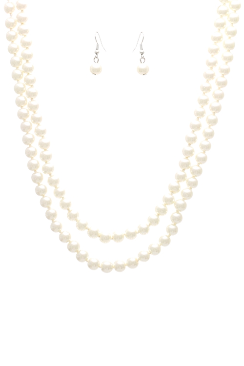 SA3-1-2-14321BE-S - 8MM PEARL KNOTTING LAYERED 48 NECKLACE AND EARRING SET-BEIGE/1PC