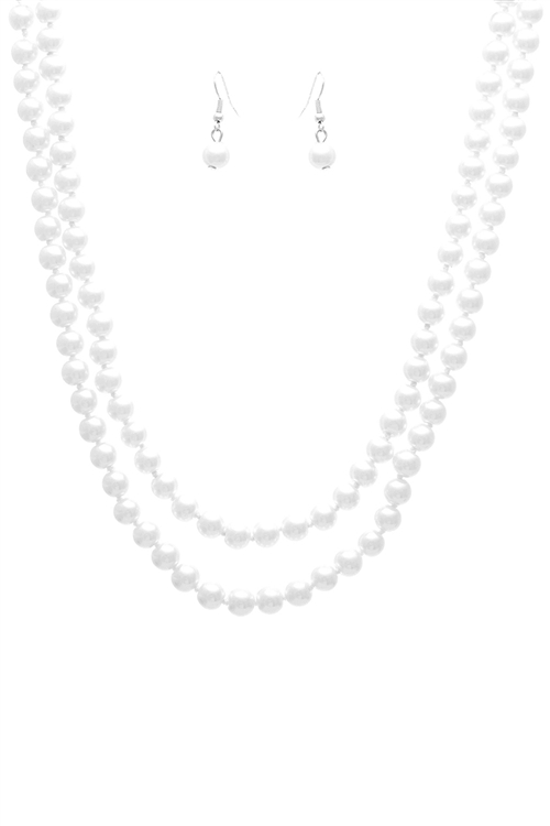 S17-12-3-14321WH-S - 8MM PEARL KNOTTING LAYERED 48 NECKLACE AND EARRING SET-WHITE/1PC