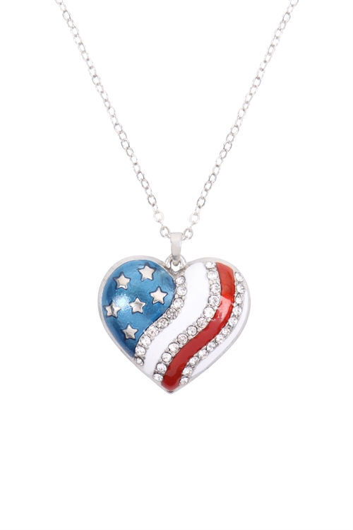 S1-7-2-15328VCR-S -  AMERICAN FLAG HEART NECKLACE - CRYSTAL SILVER/6PCS