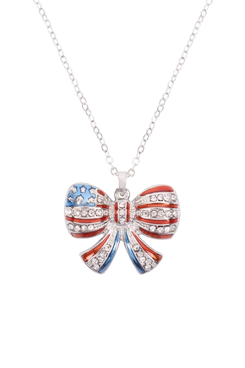 S1-5-2-15329CR-S - AMERICAN FLAG RIBBON NECKLACE - CRYSTAL SILVER/6PCS