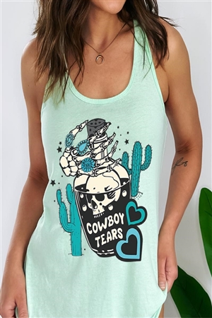 PO-1533-E2313-MINT - COWBOY TEARS SKULL WESTERN GRAPHIC RACERBACK TANK TOP- MINT-2-2-2-2