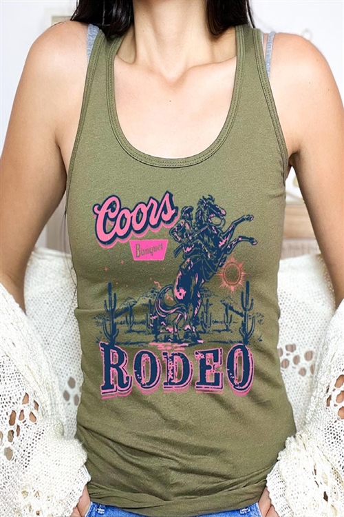 PO-1533-E2314-MIL - COORS RODEO WESTERN GRAPHIC RACERBACK TANK TOP- MILITARY GREEN-2-2-2-2