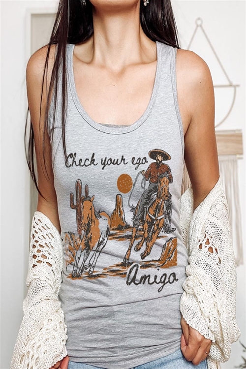 PO-1533-E2316-HG - CHECK YOUR EGO AMIGO COWBOY WESTERN GRAPHIC RACERBACK TANK TOP- H.GRAY-2-2-2-2