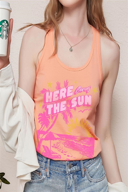 PO-1533-E2328-LTOR - HERE COMES THE SUN BEACH SUMMER GRAPHIC RACERBACK TANK TOP- LT ORANGE-2-2-2-2