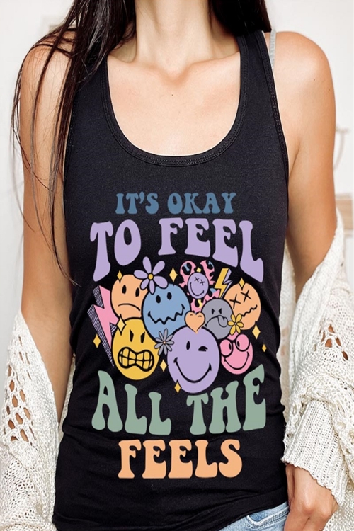 PO-1533-E2329-B - ITS OKAY TO FEEL ALL THE FEELS FACE GRAPHIC RACERBACK TANK TOP- BLACK-2-2-2-2