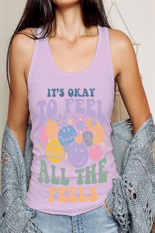 PO-1533-E2329-LIL - ITS OKAY TO FEEL ALL THE FEELS FACE GRAPHIC RACERBACK TANK TOP- LILAC-2-2-2-2